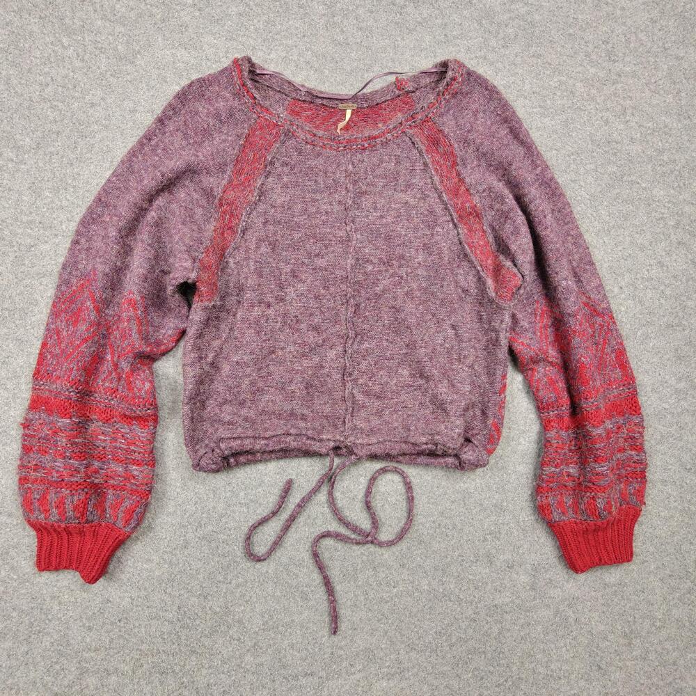 Free People Sweater Womens XS Purple Open-Knit Pullover Raglan Drawstring
